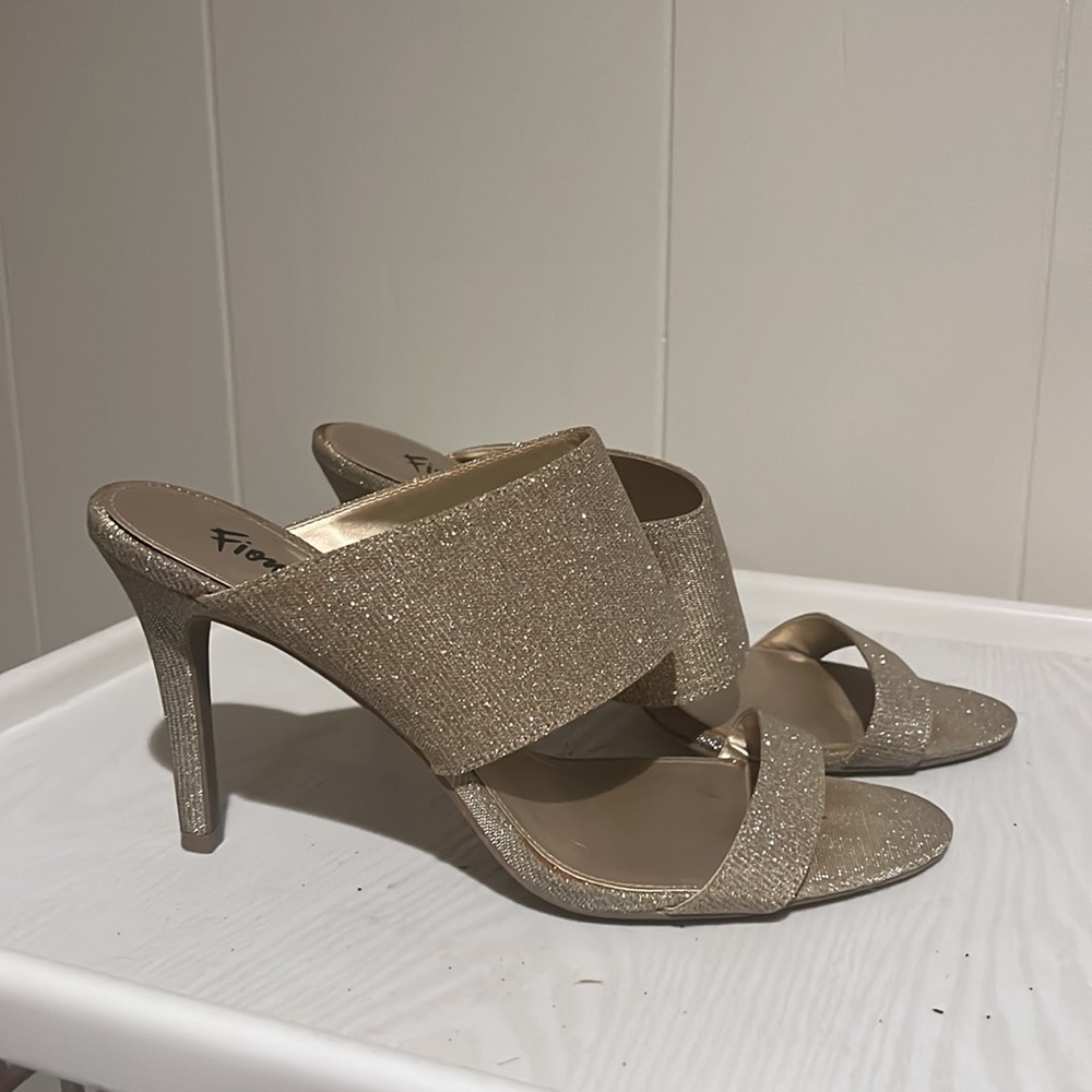 Gold Metallic Sparkle Double Strap Slide High Heels Size 11